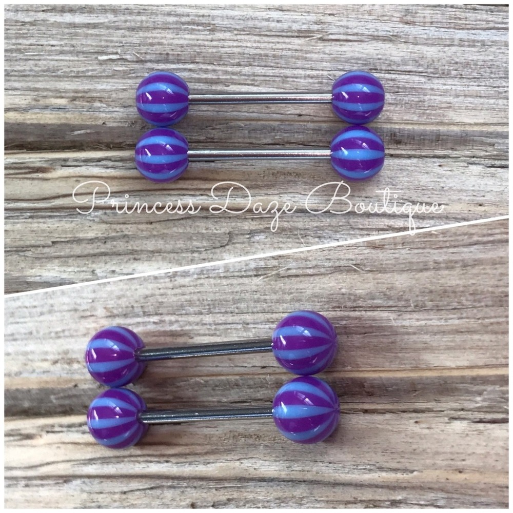Purple Blue Striped Acrylic‎ Nipple Ring Barbell Set Body Jewelry